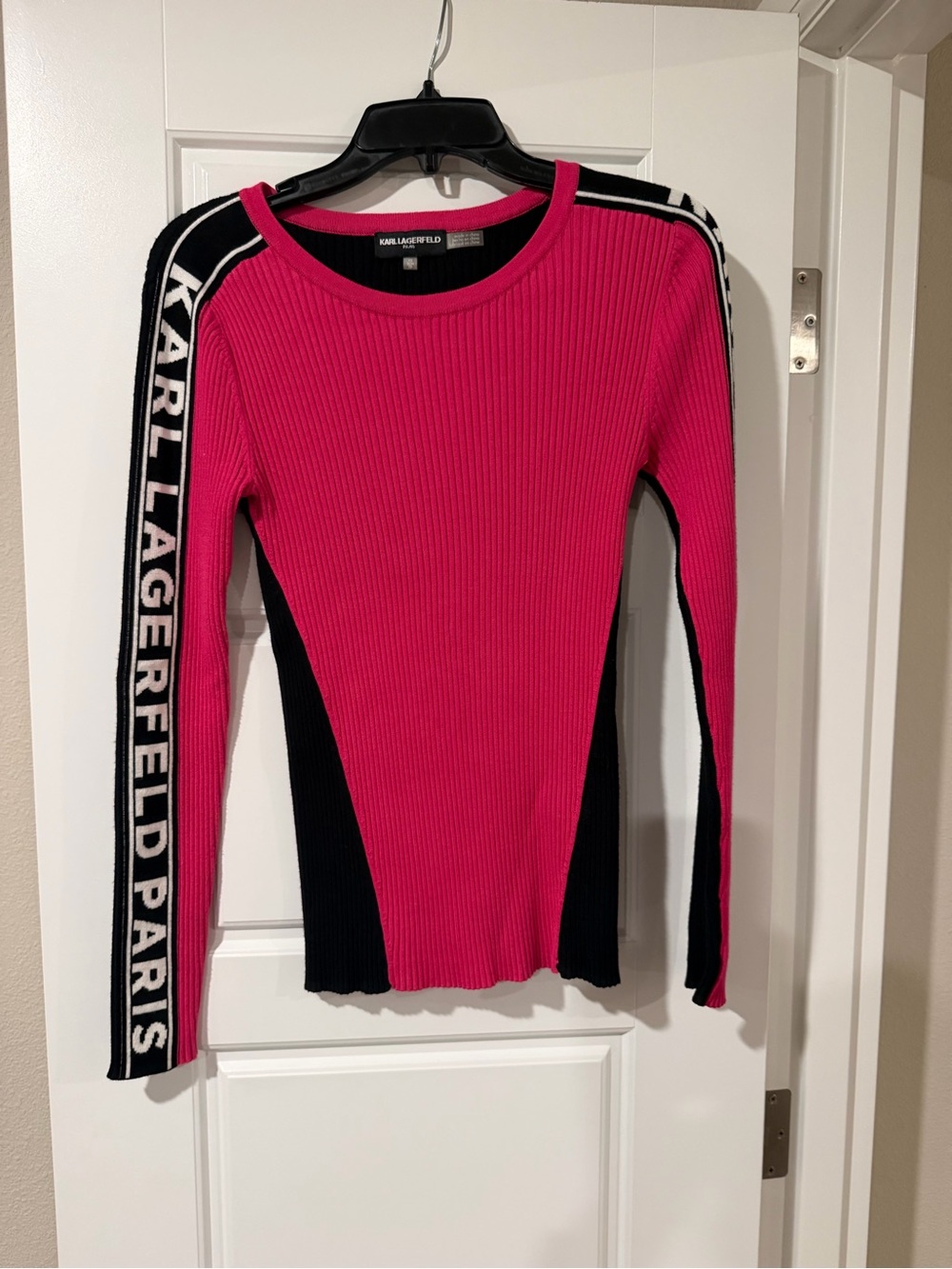 Karl Lagerfeld Hot Pink & Black Ribbed Long Sleeve Top with Logo Trim